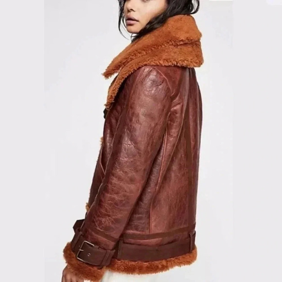 New Free People Maverick Shearling Jacket Moto Leather We The Free Brown - Picture 17 of 17